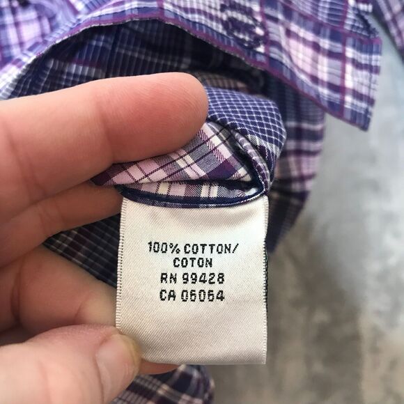 Bugatchi Uomo Shirt Mens Small Purple White Plaid Button Up Long Sleeve Cotton - Picture 7 of 11
